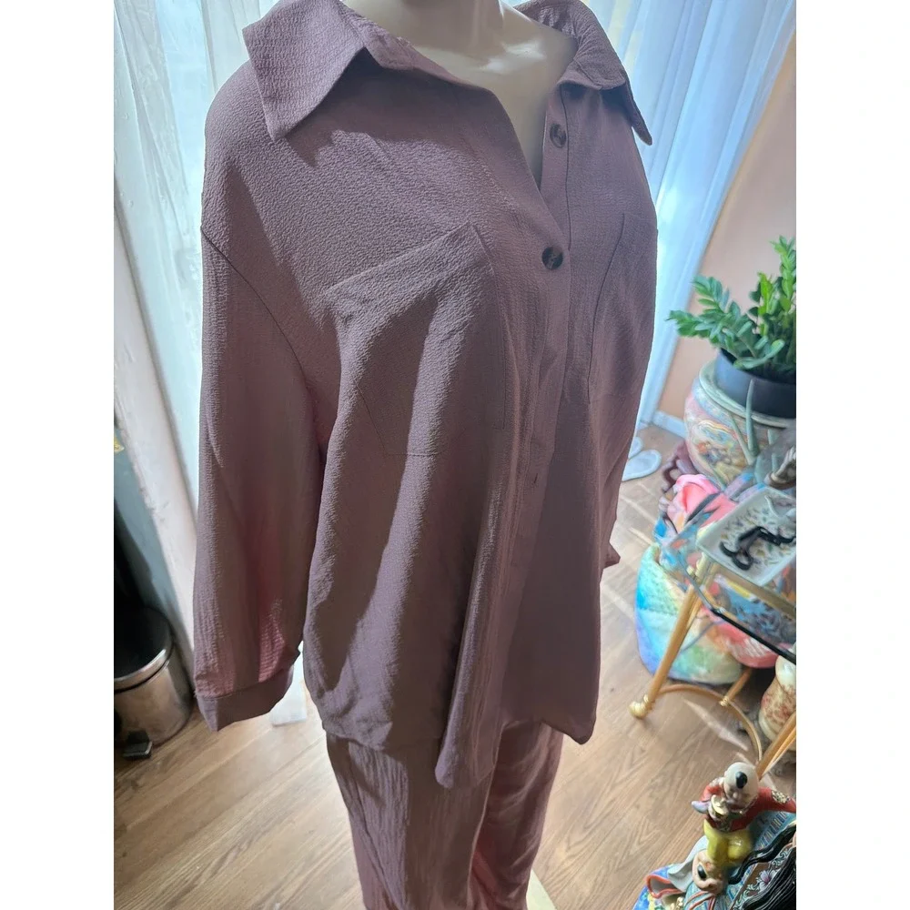 Mauve Textured Two Piece Lounge Set Button Down Shirt and Drawstring Pants